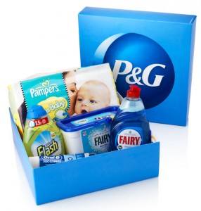 free blue box packed with p&g products