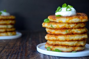 Cheesy mash pancakes with sour cream